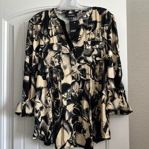 NWT Cocomo Black and Beige Floral Pleated Top L
